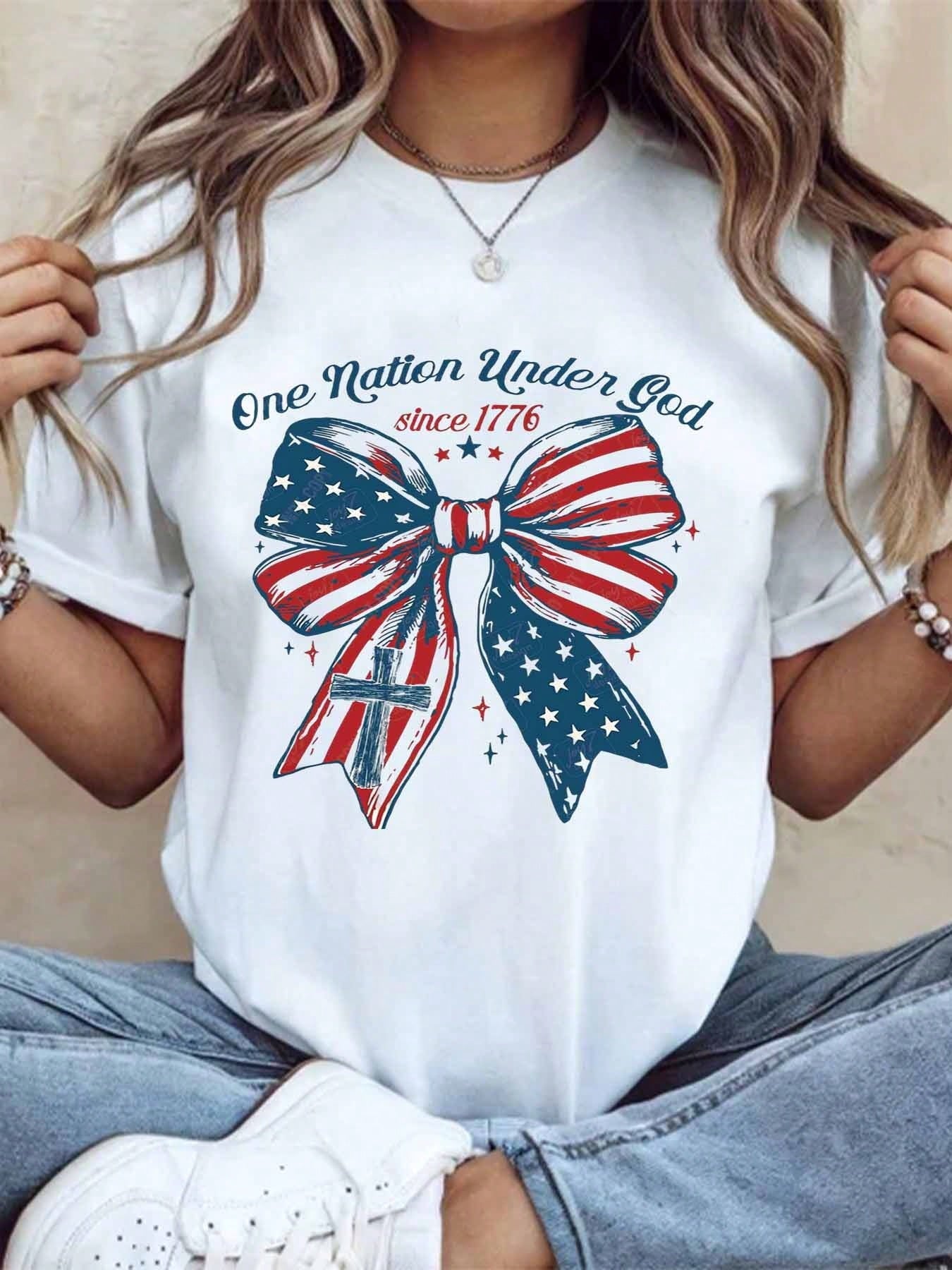 One Nation Under God Since 1776 American Flag Bow Cross Patriotic T-Shirt For Independence Day Fourth Of July Celebration Women Men Unisex Casual Wear