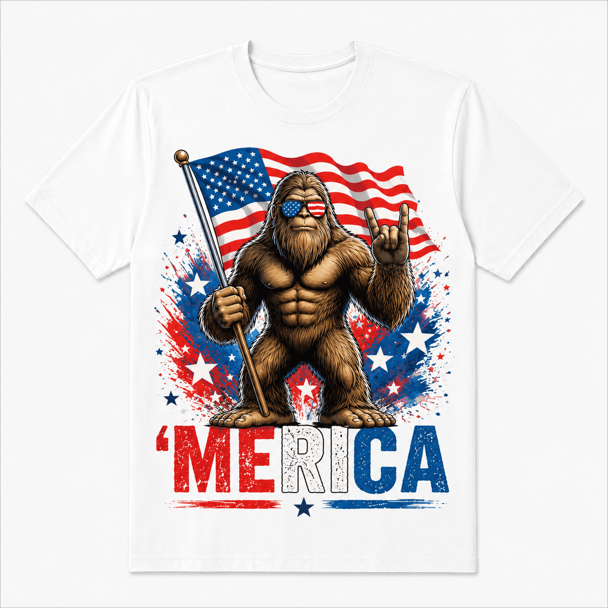 Patriotic Bigfoot American Flag Sunglasses Graphic T-Shirt for Men Women Funny Sasquatch USA Independence Day Tee 4th of July Gift Casual Short Sleeve Graphic Shirt