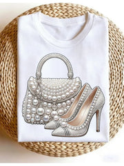 Pearl Embellished Handbag Heels Graphic Tee for Women, Elegant Fashion Accessories Short Sleeve T-Shirt, Casual Round Neck Top for Daily Wear