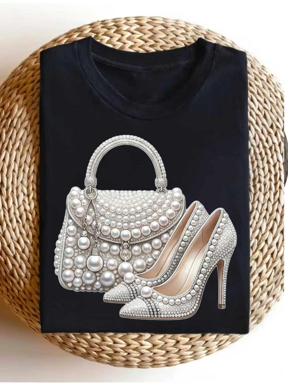 Pearl Embellished Handbag Heels Graphic Tee for Women, Elegant Fashion Accessories Short Sleeve T-Shirt, Casual Round Neck Top for Daily Wear