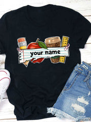 Personalized Teacher Graphic T‑Shirt for Women, Pencil Apple Coffee Print Custom Name Casual Short Sleeve Tee