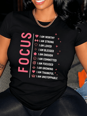 Pink Icon Self Growth Motivational Quote T-Shirt for Women, Focus Positive Affirmations Everyday Wear Short Sleeve Tee Perfect Gift for Women