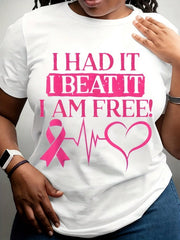 Pink Ribbon And ECG Heart Pattern "I Survived Cancer, I Overcame It, I Am Free Again!" Slogan - Short Sleeve T-Shirt, Suitable For Cancer Awareness Events, Survivor Gifts