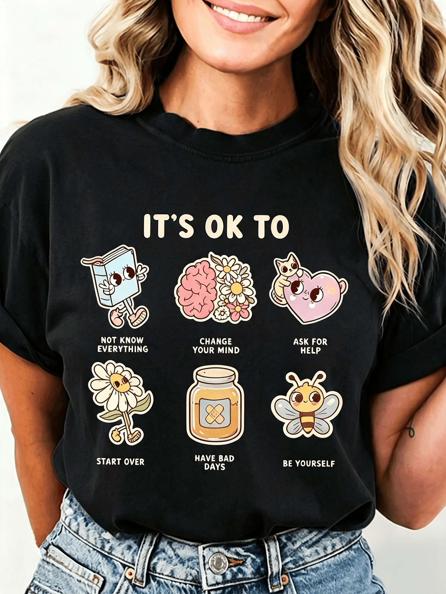 Positive Self Care Graphic T‑Shirt for Women, Casual Crewneck Short Sleeve Tee, Cute Retro Cartoon Art Print Everyday Tops