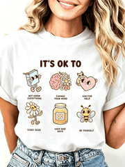 Positive Self Care Graphic T‑Shirt for Women, Casual Crewneck Short Sleeve Tee, Cute Retro Cartoon Art Print Everyday Tops