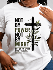 Not By Power Not By Might But By My Spirit Zechariah 4:6 Christian Graphic T-Shirt Women Brush Stroke Cross Olive Leaf Faith Religious Short Sleeve Casual Tee