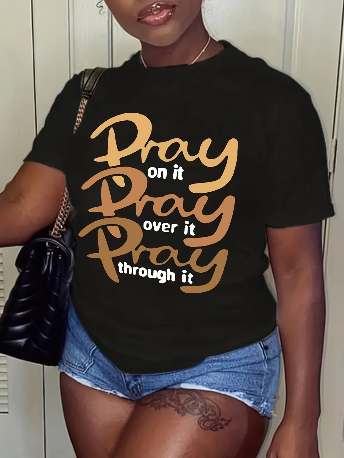 Pray Letter Print T-shirt, Casual Crew Neck Short Sleeve Top For Spring & Summer, Women's Clothing