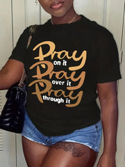 Pray Letter Print T-shirt, Casual Crew Neck Short Sleeve Top For Spring & Summer, Women's Clothing