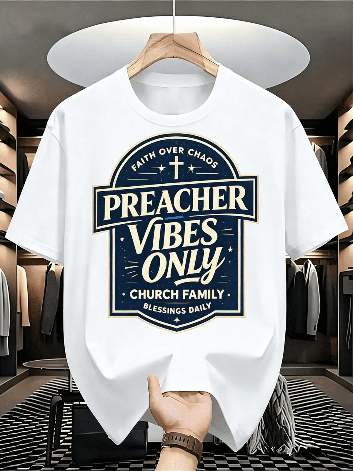Preacher Vibes Only Faith Over Chaos Graphic T-Shirt Men Women Vintage Christian Cross Church Family Blessings Daily Short Sleeve Tee