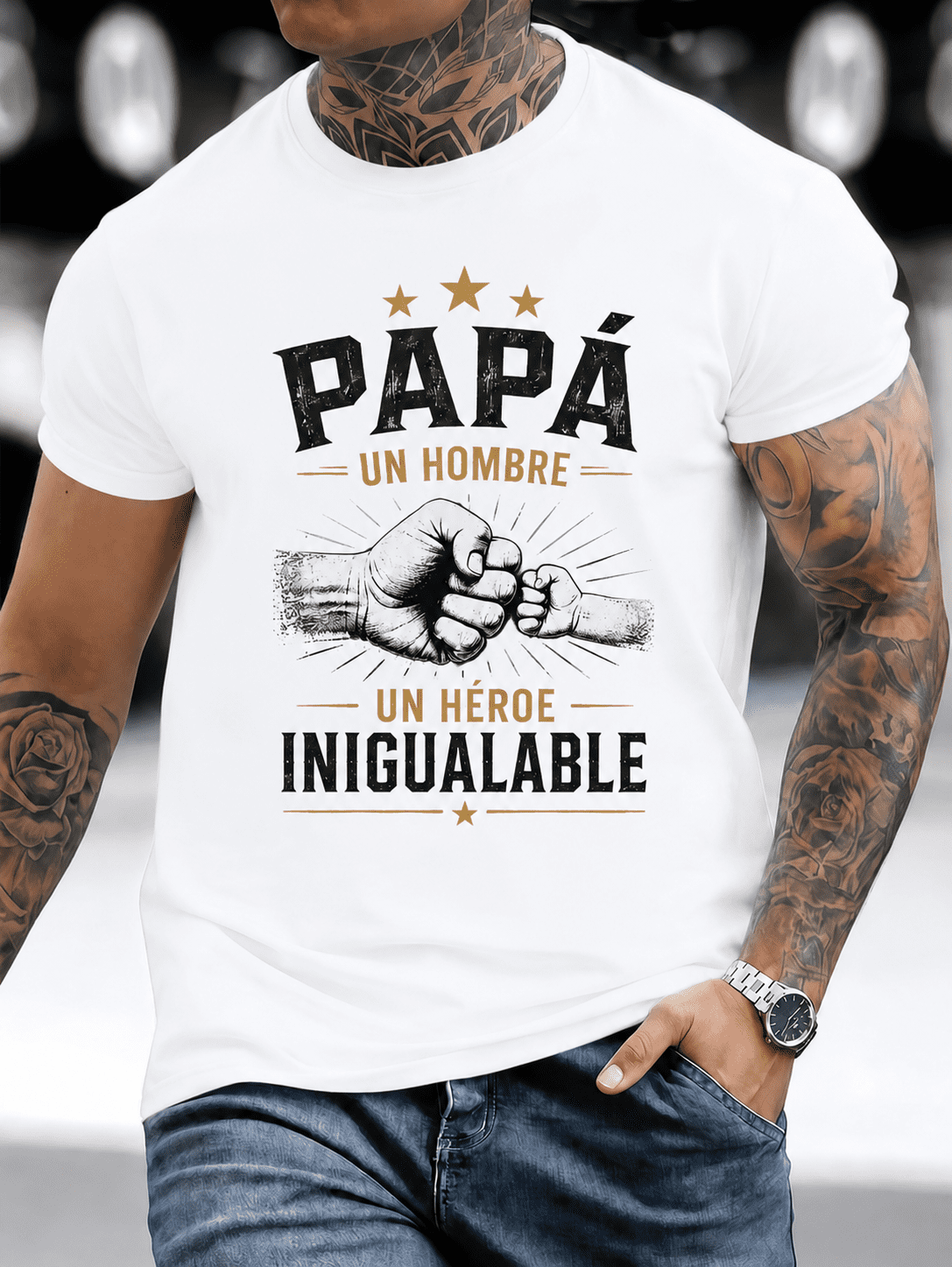 Printed Design – Not Textured Father's Day Spanish Father-Son Fist Print Men's T-Shirt, Slim Crew Neck Fit, Wearable All Seasons, Versatile Top for Dads & Grandpas in Daily & Holiday Occasions