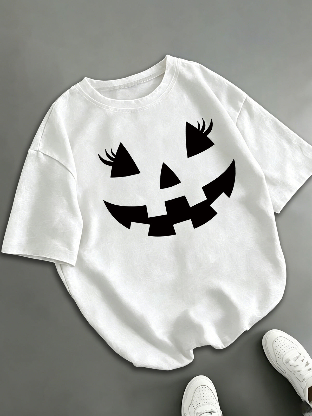 Pumpkin Face T-Shirt Halloween Jack O Lantern with Lashes Tee