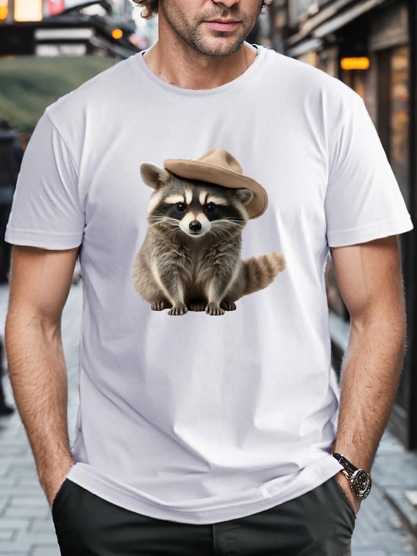 Raccoon Print Men's Short Sleeve T-shirts, Comfy Casual Tops