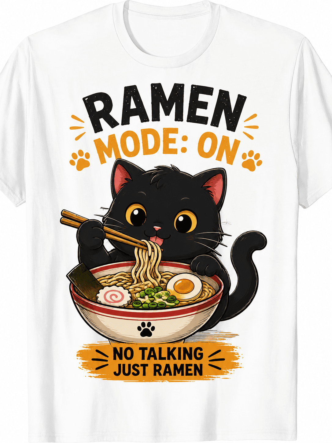 Ramen Mode On Funny Cat T-Shirt, Cute Black Cat Eating Noodles Graphic Tee, Japanese Food Lover Casual Shirt for Men and Women