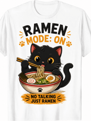 Ramen Mode On Funny Cat T-Shirt, Cute Black Cat Eating Noodles Graphic Tee, Japanese Food Lover Casual Shirt for Men and Women