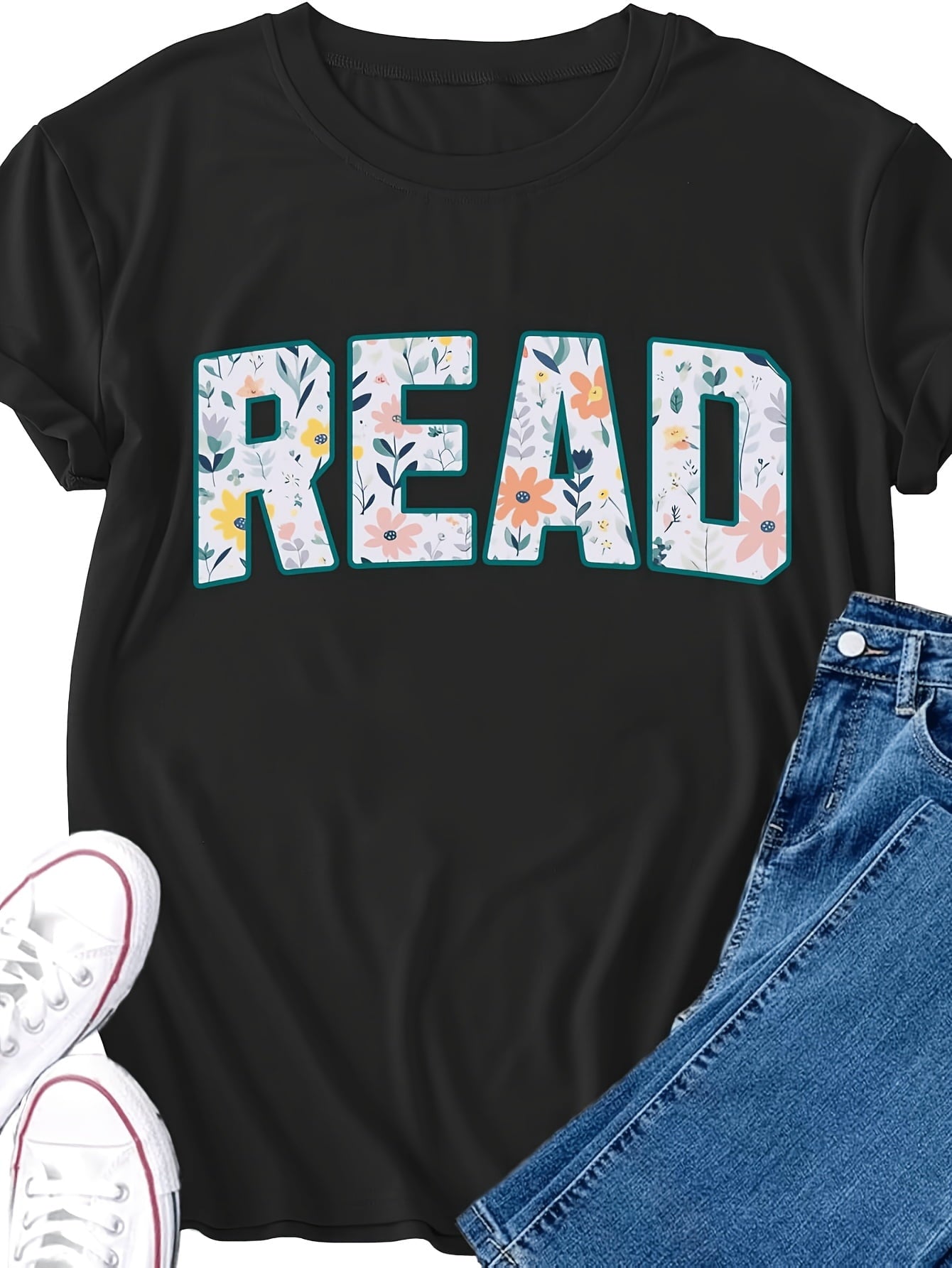 Read Book Lover Floral Letter Graphic Tee for Men Women, Cute Reading Teacher Short Sleeve T-Shirt, Casual Crew Neck Top for Bookworm Gift