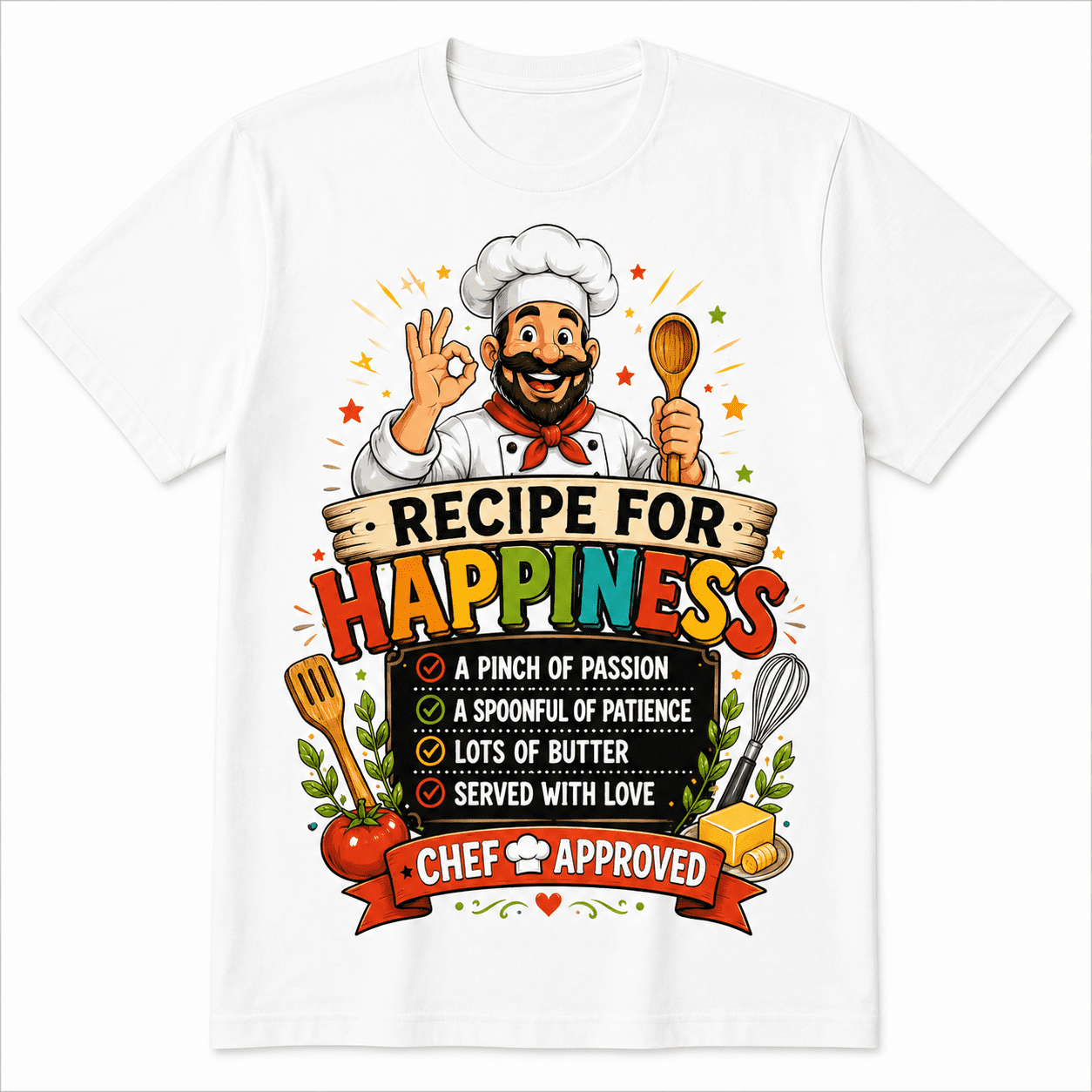 Recipe for Happiness Chef Graphic T-Shirt for Men Women, Funny Cooking Shirt with Kitchen Recipe Design, Food Lover Graphic Tee, Casual Short Sleeve Gift for Chefs and Home Cooks