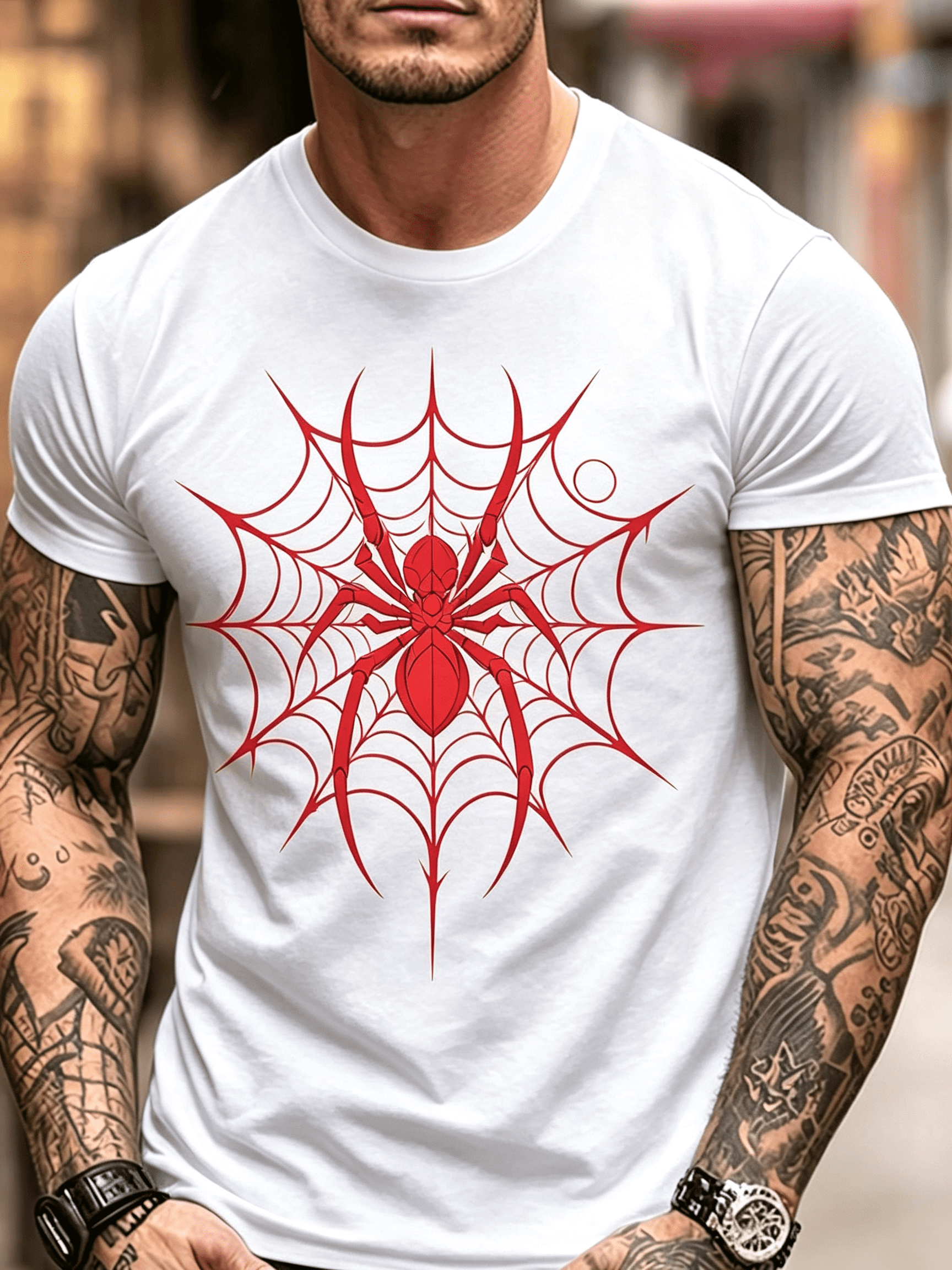 Red Spider Web Graphic Crew Neck T-Shirt, Gothic Arachnid Print Short Sleeve Casual Tee for Men Streetwear Top
