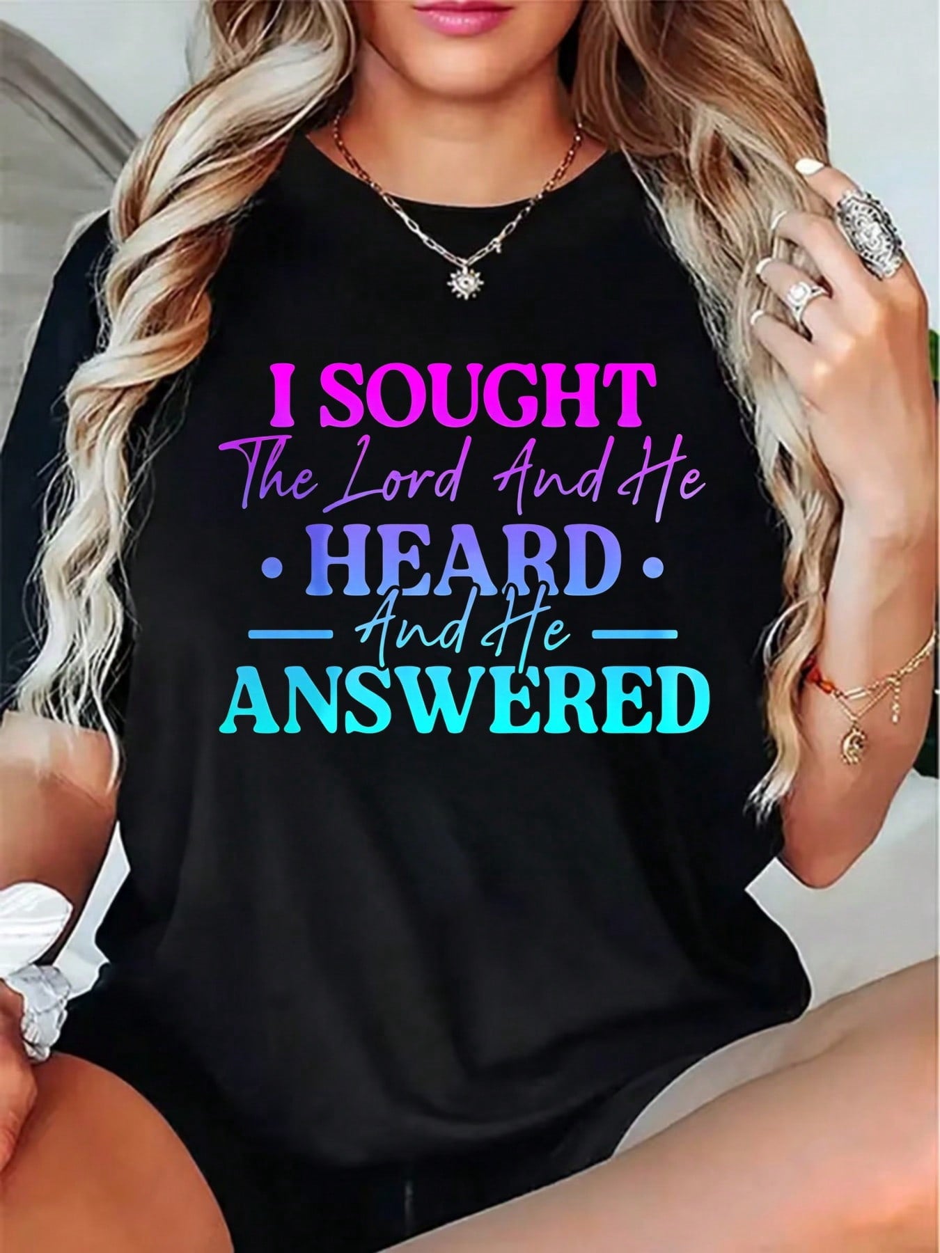 Religious Style Women's T-Shirt I Sought The Lord And He Heard And He Answered Christian Faith Message Summer Casual Wear For Believers And Faithful Friends