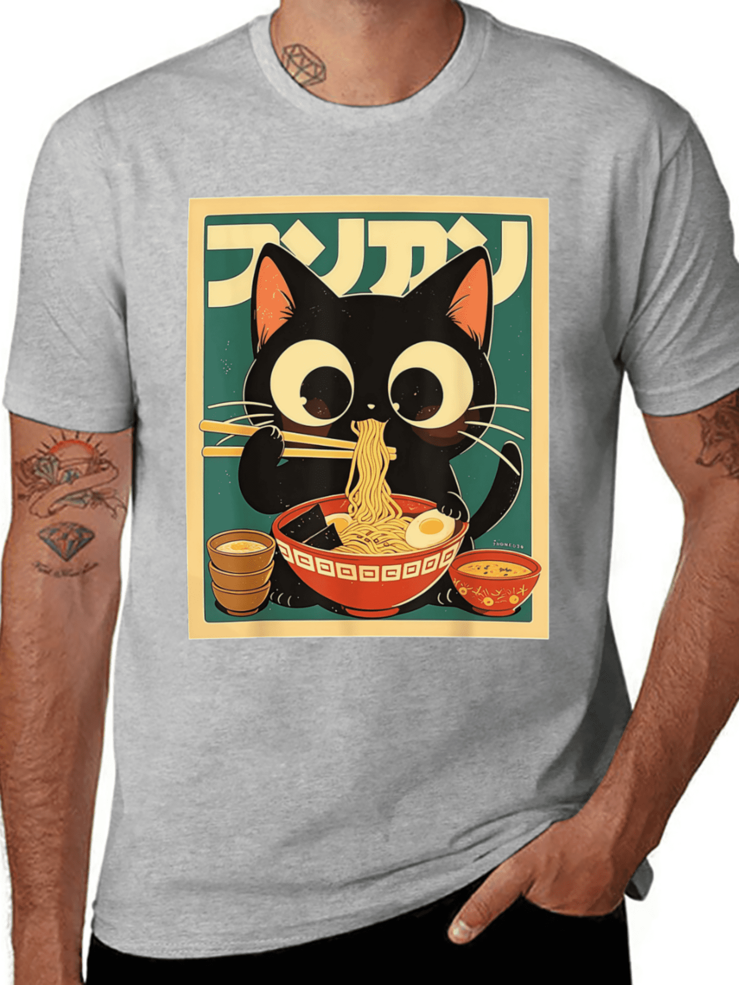 Restock Plus Size Anime Cat Ramen T-Shirt - Japanese Kawaii Cat Graphic Tee for Men - Round Neck Short Sleeve Casual Streetwear Top - Spring Fashion - Shortsleeve