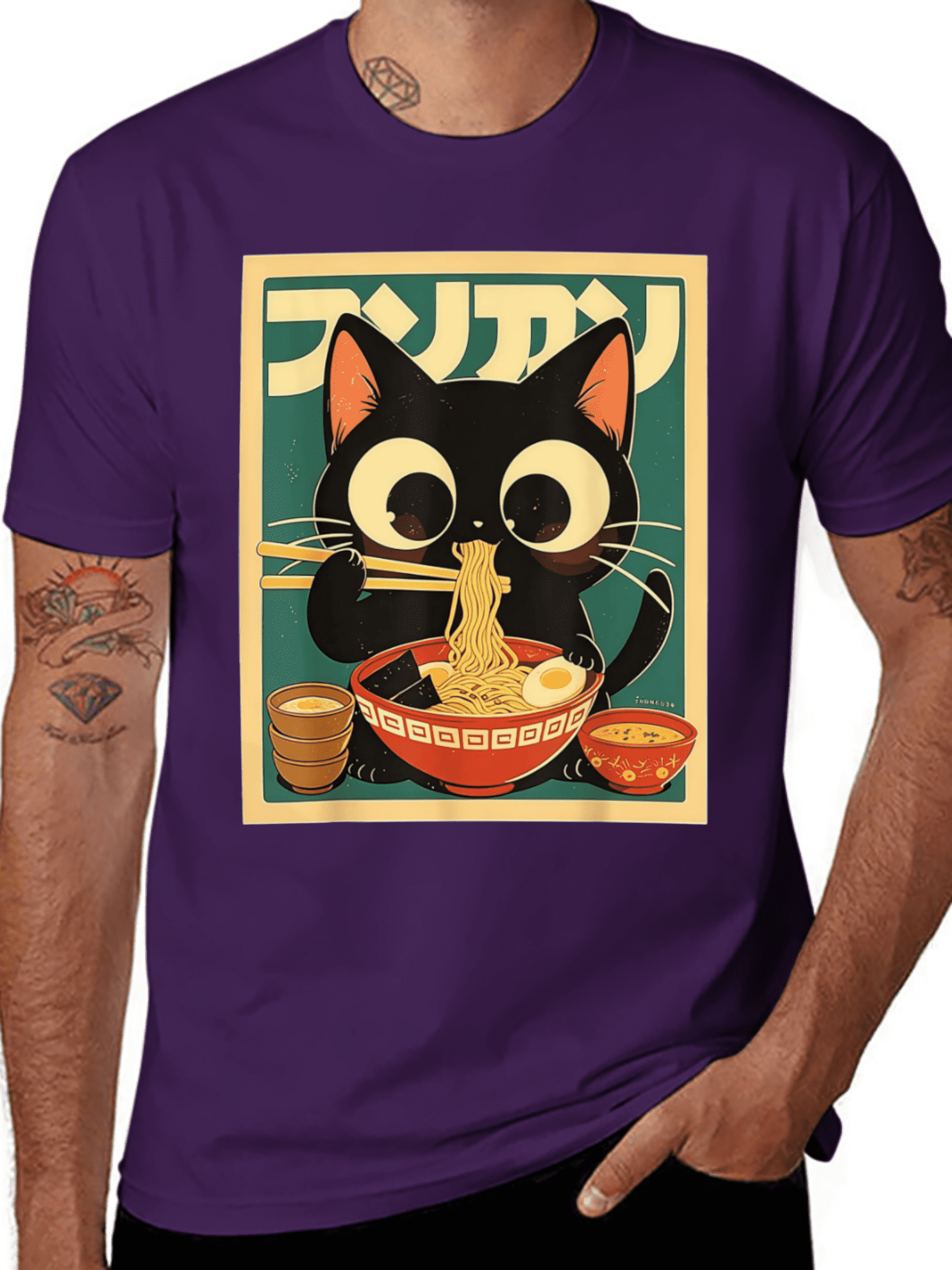 Restock Plus Size Anime Cat Ramen T-Shirt - Japanese Kawaii Cat Graphic Tee for Men - Round Neck Short Sleeve Casual Streetwear Top - Spring Fashion - Shortsleeve
