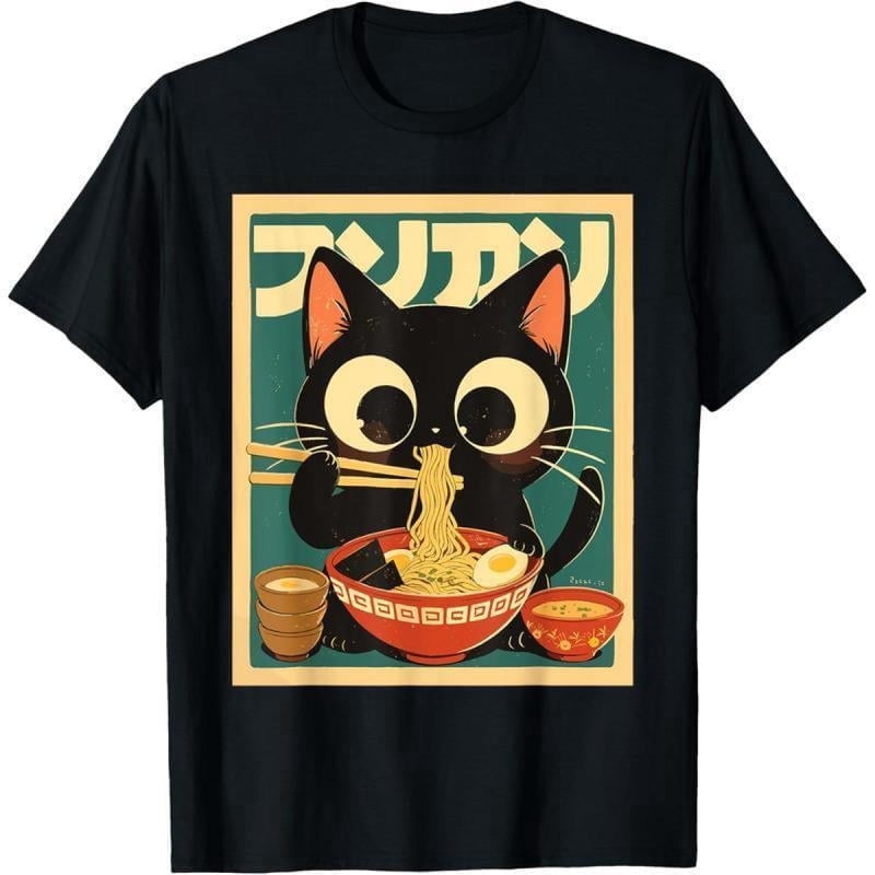 Restock Plus Size Anime Cat Ramen T-Shirt - Japanese Kawaii Cat Graphic Tee for Men - Round Neck Short Sleeve Casual Streetwear Top - Spring Fashion - Shortsleeve