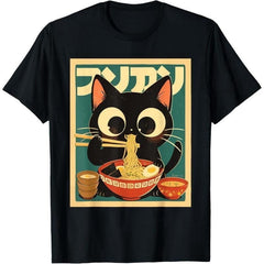 Restock Plus Size Anime Cat Ramen T-Shirt - Japanese Kawaii Cat Graphic Tee for Men - Round Neck Short Sleeve Casual Streetwear Top - Spring Fashion - Shortsleeve