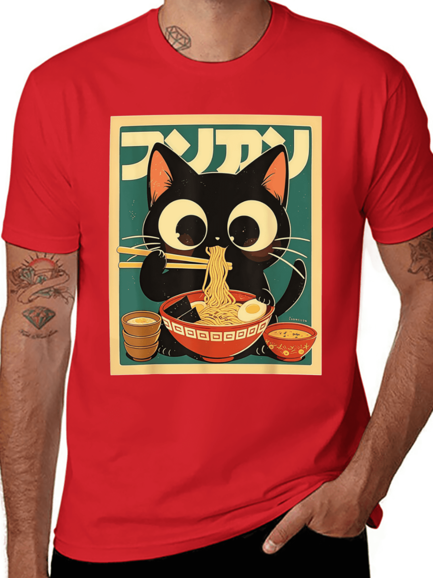 Restock Plus Size Anime Cat Ramen T-Shirt - Japanese Kawaii Cat Graphic Tee for Men - Round Neck Short Sleeve Casual Streetwear Top - Spring Fashion - Shortsleeve