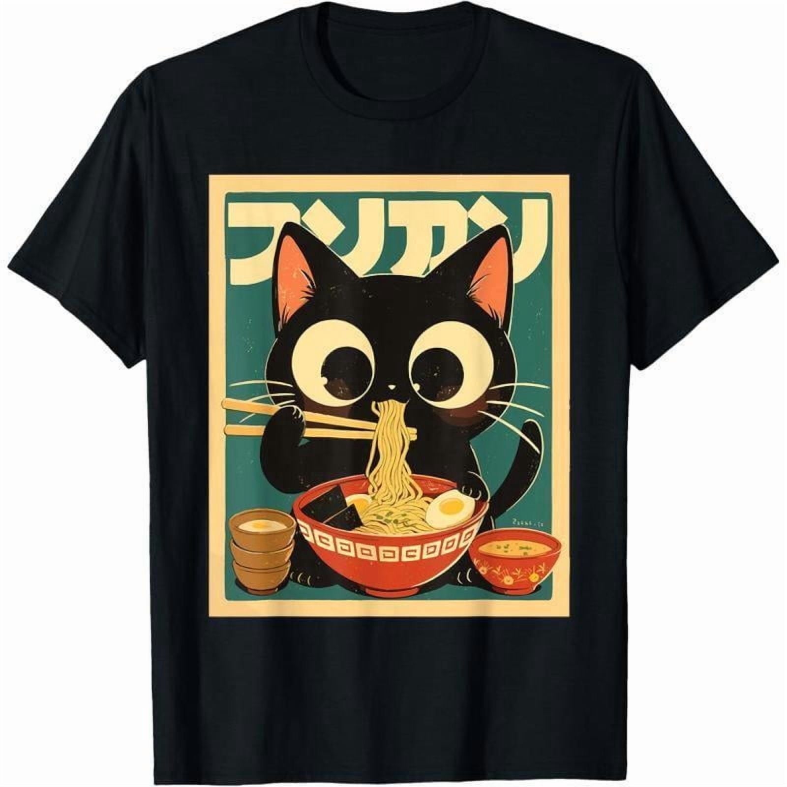 Restock Plus Size Anime Cat Ramen T-Shirt - Japanese Kawaii Cat Graphic Tee for Men - Round Neck Short Sleeve Casual Streetwear Top - Spring Fashion - Shortsleeve