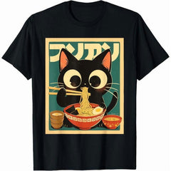 Restock Plus Size Anime Cat Ramen T-Shirt - Japanese Kawaii Cat Graphic Tee for Men - Round Neck Short Sleeve Casual Streetwear Top - Spring Fashion - Shortsleeve
