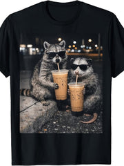 Retro Raccoon & Opossum Drinking Iced Coffee T-Shirt - Funny Cute Animal Graphic