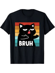 Retro Sunset Bruh Black Cat Funny Graphic T-Shirt, Casual Humor Cartoon Crewneck Tee for Daily Wear Unisex