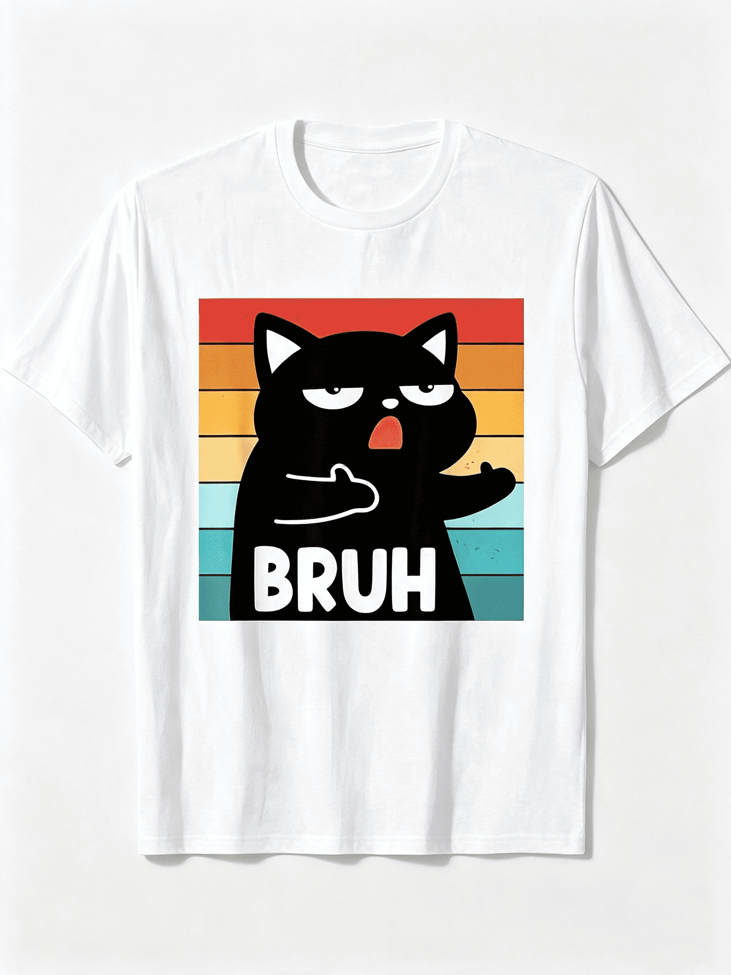 Retro Sunset Bruh Black Cat Funny Graphic T-Shirt, Casual Humor Cartoon Crewneck Tee for Daily Wear Unisex