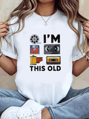Retro Tech Nostalgia I Am THIS OLD Floppy Disk And Cassette Graphic Print Women's T-Shirt, Plus Size, Short Sleeve Crew Neck Casual Top, for Summer And Spring, Women's Clothing