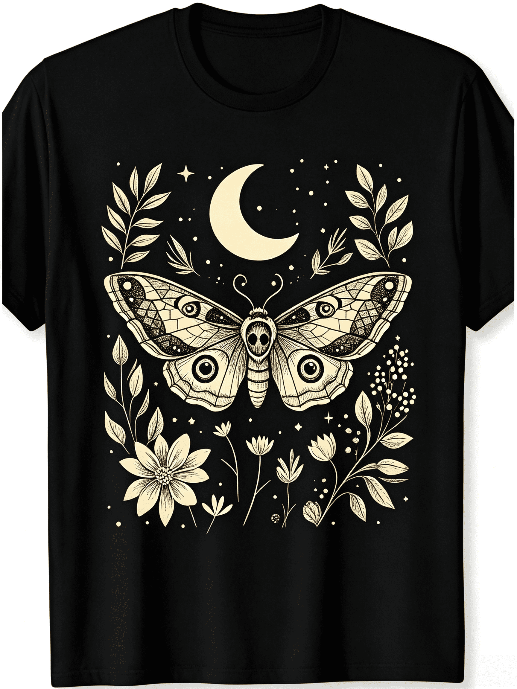 Retro Witchy Celestial Graphic T-Shirt, Death Head Moth Crescent Moon Wildflower Botanical Line Art Casual Short Sleeve Tee