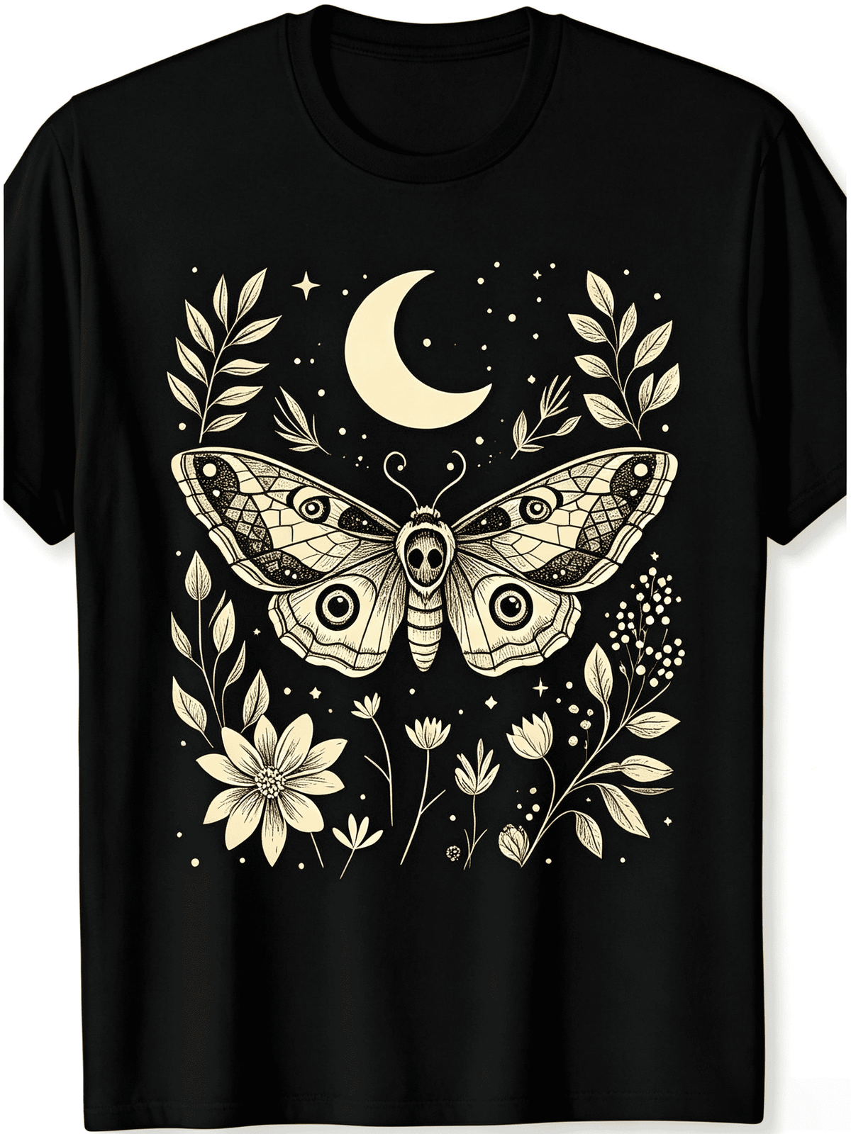 Retro Witchy Celestial Graphic T-Shirt, Death Head Moth Crescent Moon Wildflower Botanical Line Art Casual Short Sleeve Tee