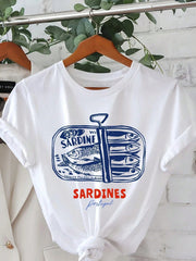 Retro Women's T-Shirt 2026 Sardine Graphic Print T-Shirt - Short Sleeve Crew Neck Casual Top With Vintage-Inspired Tops For Women