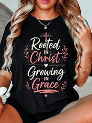 Rooted in Christ Growing in Grace Christian Graphic T-Shirt for Women, Inspirational Faith Cross Crew Neck Casual Tee