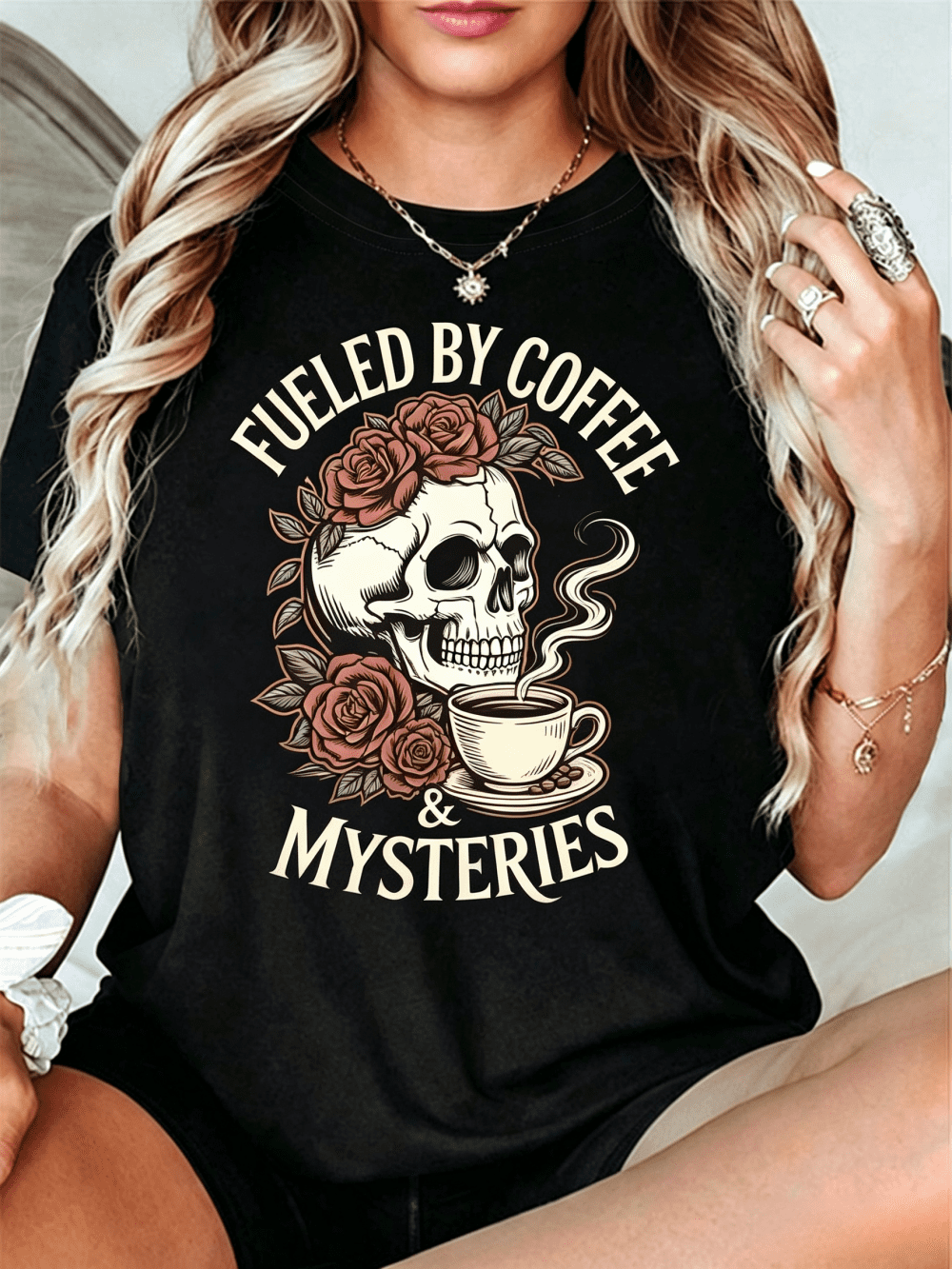 Round-Neck Casual TShirt With A Unique Skull Print, Inspired By Coffee And True, Everyday Wear And As A Holiday