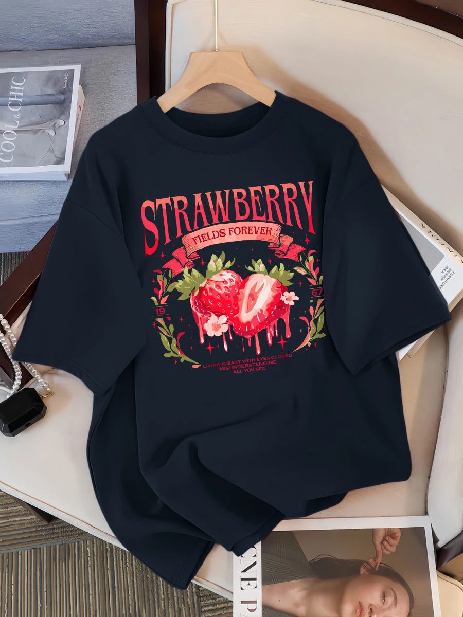 Strawberry Fields Forever Print T Shirts Women Breathable Cotton T-Shirt Hip Hop Loose Streetwear All-Match Casual Clothing