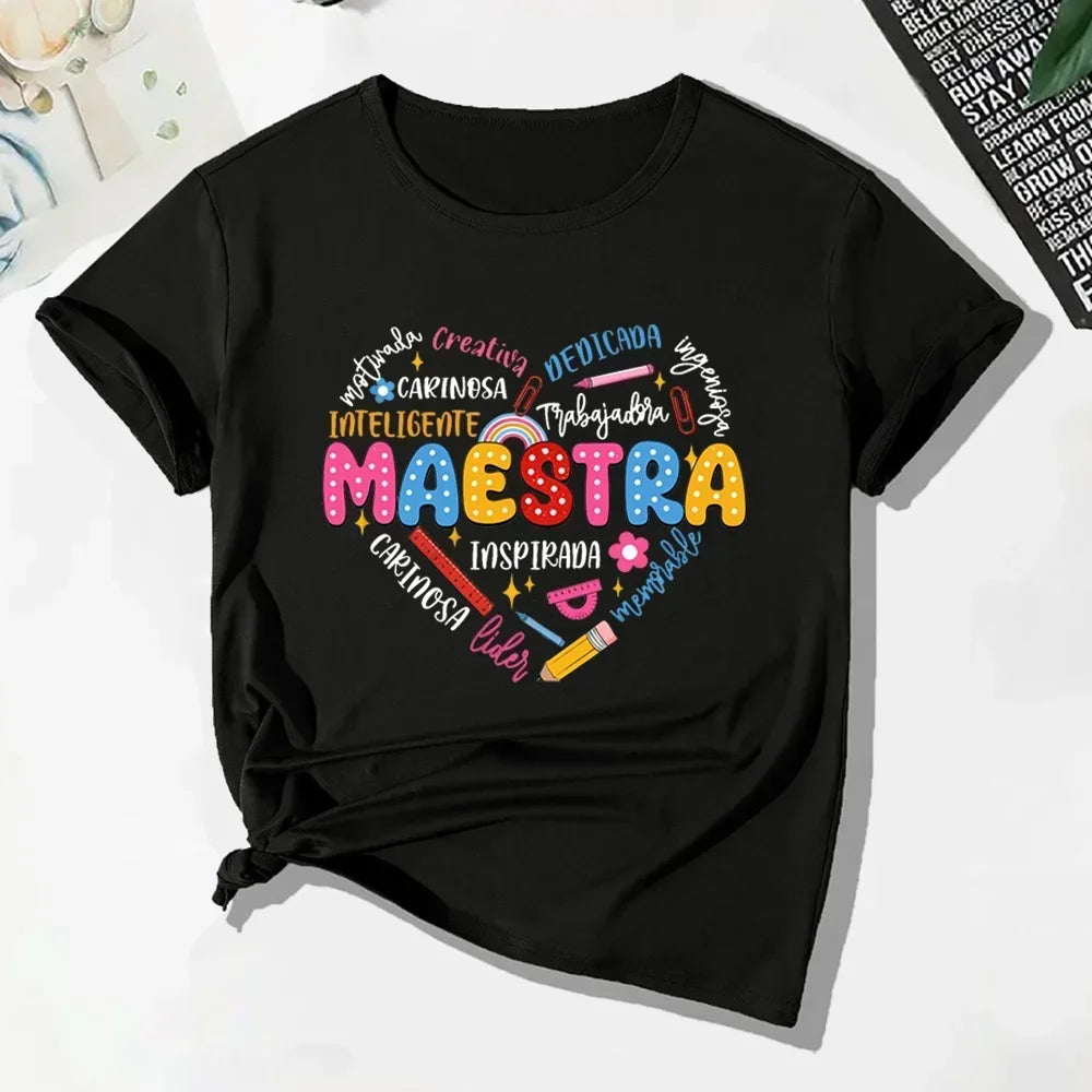 Maestra Teacher Shirt Back To School Spanish Teacher's Shirts Colorful Bilingual Educator Quote Pencil Ruler Rainbow Print Crew Neck Short Sleeve Appreciation Gift Tee