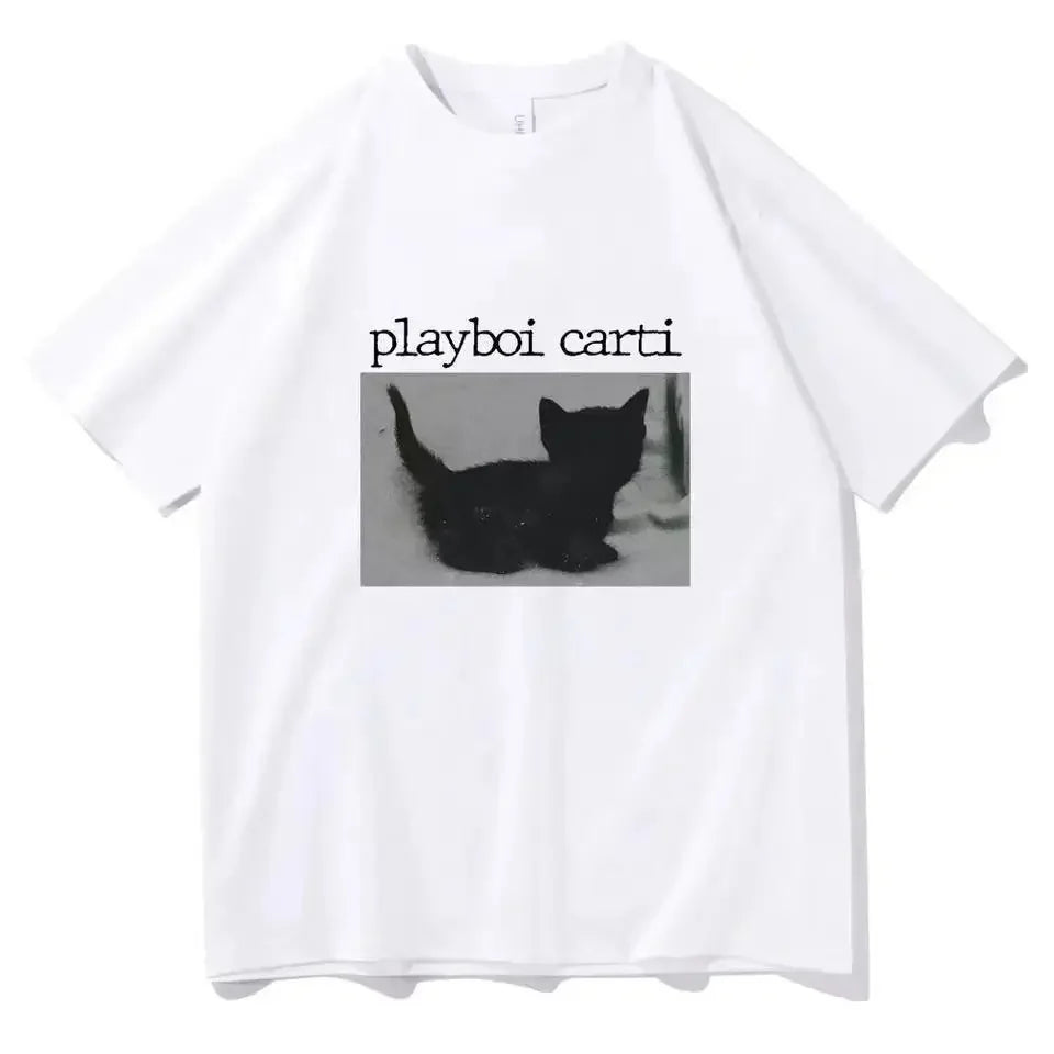 T Shirts Men Women Cute Cat Print Tees Oversized Hip-Hop Short Sleeve Cotton O-Neck Tops Rapper T-Shirt