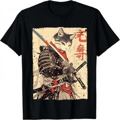 Samurai Cat Warrior Graphic T-Shirt Ukiyo Ink Japanese Art Tee