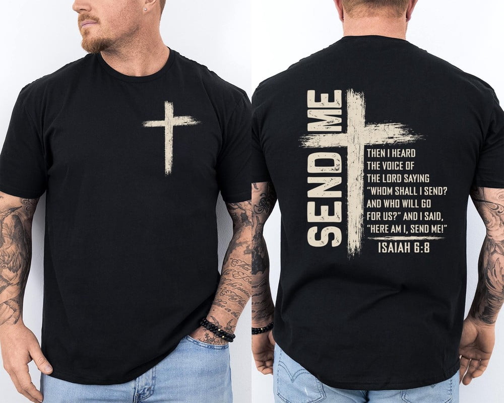 Send Me Isaiah 6:8 Christian Cross Here Am I Send Me Retro Front & Back T-Shirt