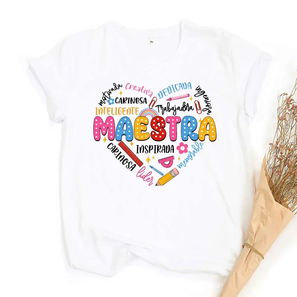 Maestra Teacher Shirt Back To School Spanish Teacher's Shirts Colorful Bilingual Educator Quote Pencil Ruler Rainbow Print Crew Neck Short Sleeve Appreciation Gift Tee