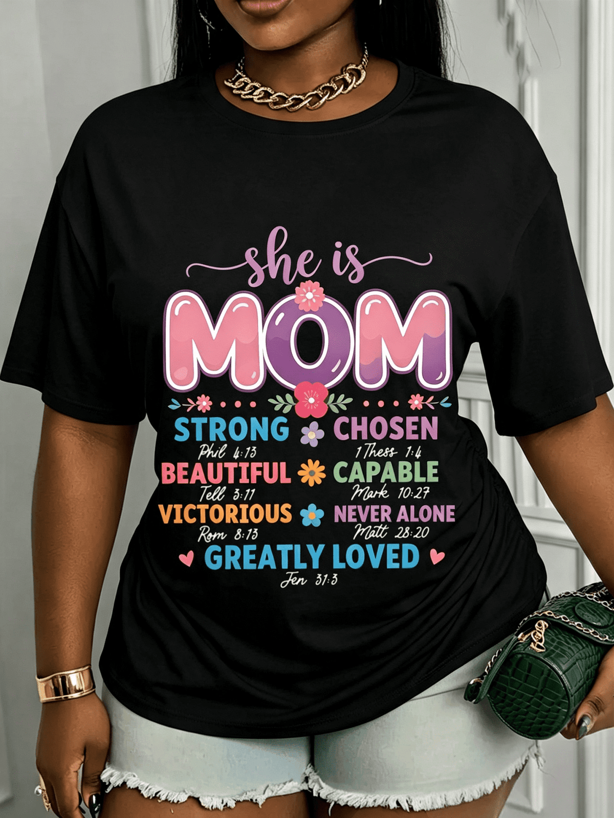 She Is Mom Inspirational Scripture Graphic T‑Shirt, Colorful Floral Faith Crewneck Short Sleeve Tee, Encouraging Gift for Mothers