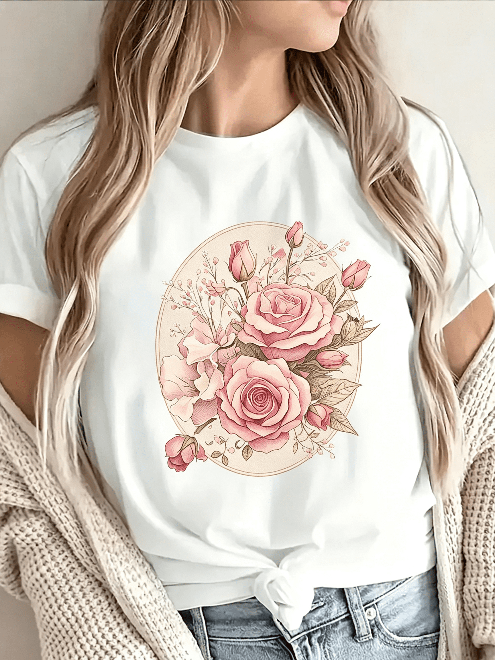 Short-Sleeve TShirt Made of Featuring a Pink Rose Floral Design, Ideal for Casual Outings at Home, Cafes, Or Outdoor Events
