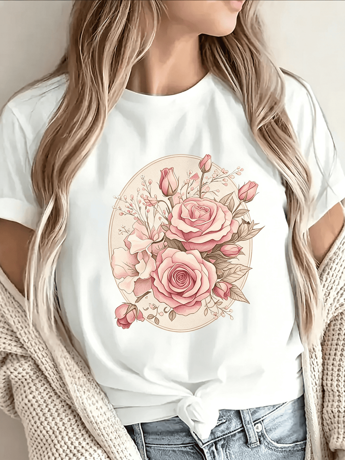 Short-Sleeve TShirt Made of Featuring a Pink Rose Floral Design, Ideal for Casual Outings at Home, Cafes, Or Outdoor Events