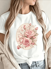 Short-Sleeve TShirt Made of Featuring a Pink Rose Floral Design, Ideal for Casual Outings at Home, Cafes, Or Outdoor Events