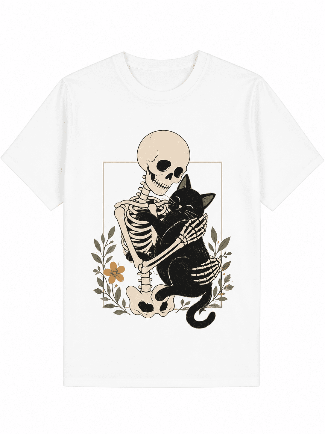 Skeleton Hugging Black Cat Graphic T-Shirt for Men Women, Gothic Cat Lover Tee, Casual Short Sleeve Crew Neck Shirt