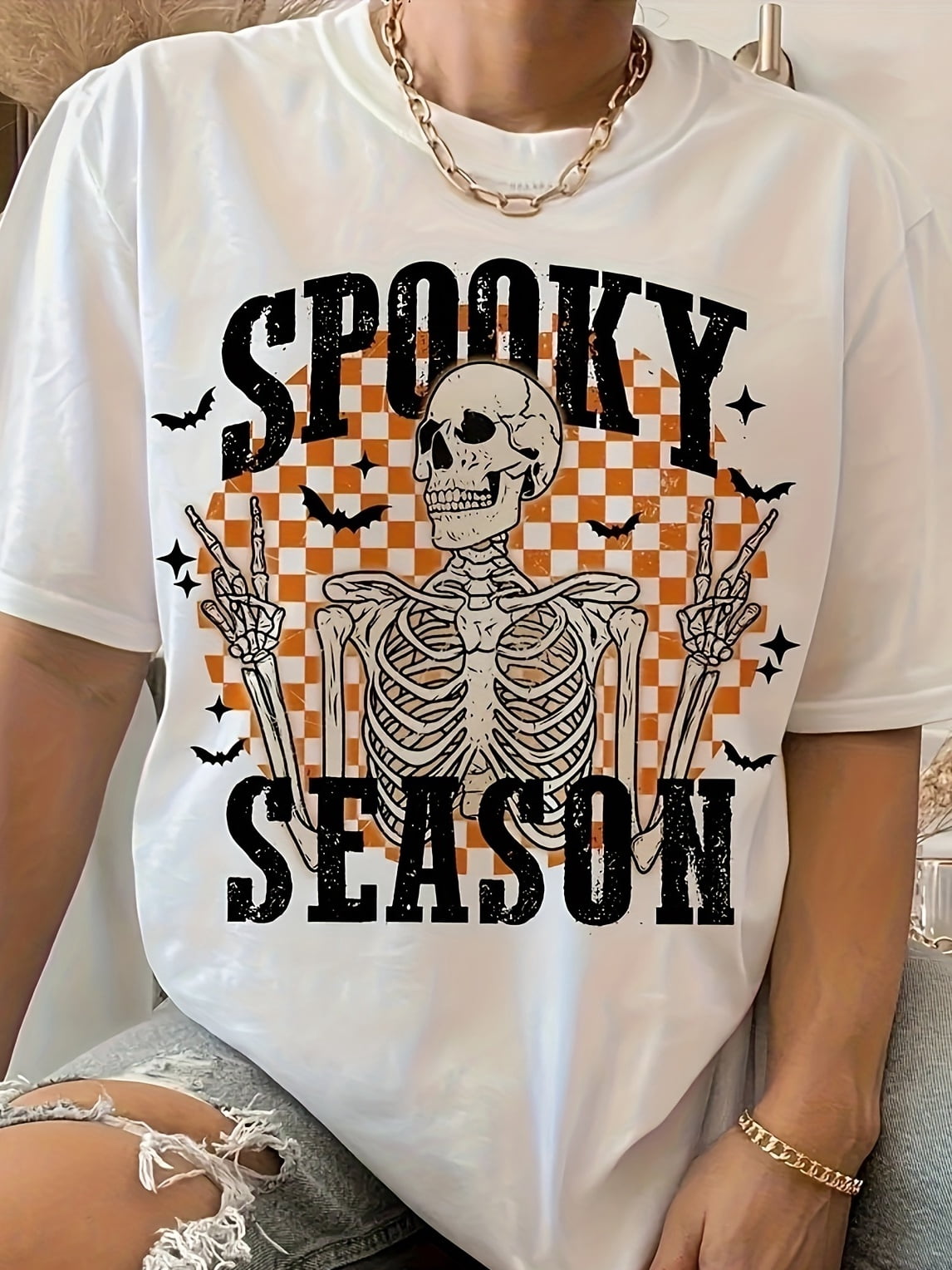 Skull and Letter Printed Casual T-shirt, Round Neck Short Sleeved Top